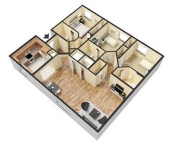 Floor plan for 3 beds, 3 baths, 1217 sqft