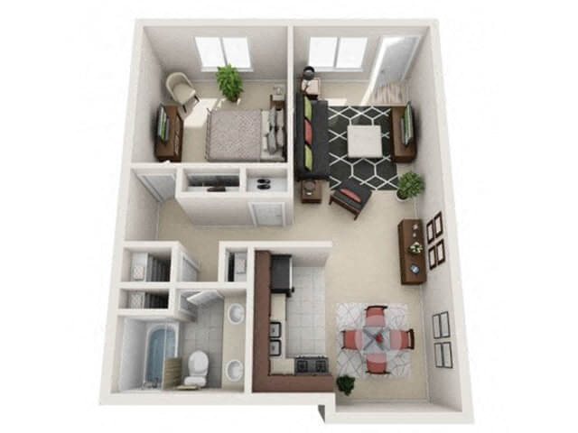 Floor plan for 1 bed, 1 bath, 700 sqft