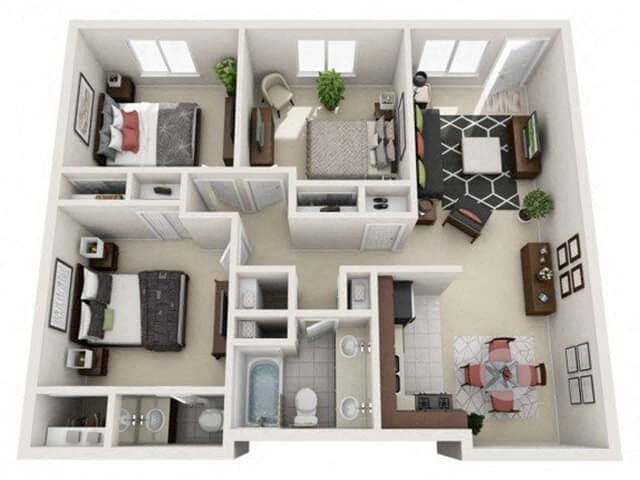Floor plan for 3 beds, 1.5 baths, 1000 sqft