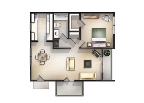 Floor plan for 1 bed, 1 bath, 832 sqft