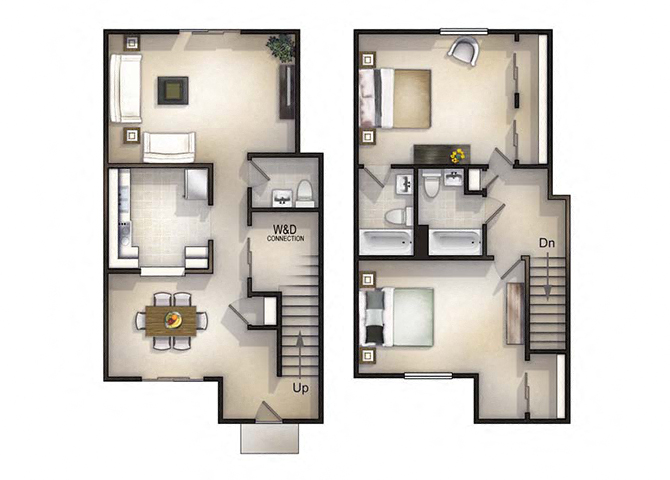 Floor plan for 2 beds, 2.5 baths, 1200 sqft
