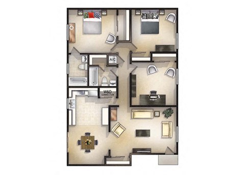 Floor plan for 3 beds, 2 baths, 1300 sqft