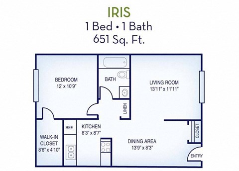 Floor plan for 1 bed, 1 bath, 651 sqft
