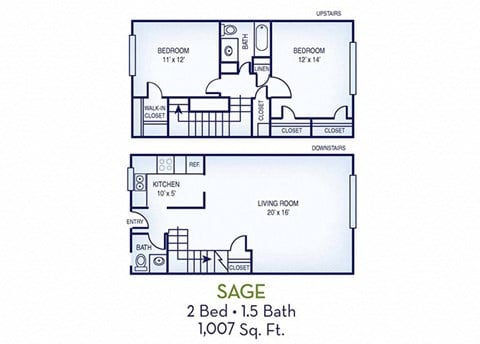 Floor plan for 2 beds, 1.5 baths, 1007 sqft