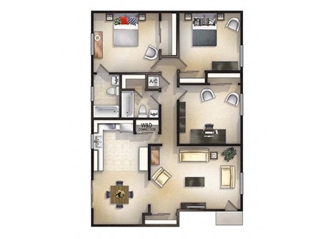 Floor plan for 3 beds, 2 baths, 1300 sqft