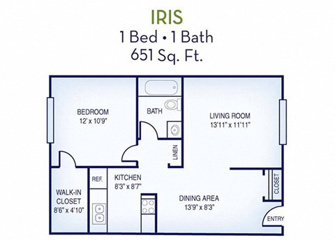 Floor plan for 1 bed, 1 bath, 651 sqft