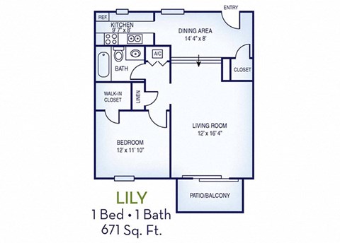 Floor plan for 1 bed, 1 bath, 671 sqft