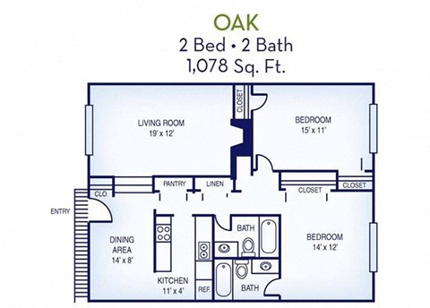 Floor plan for 2 beds, 2 baths, 1078 sqft