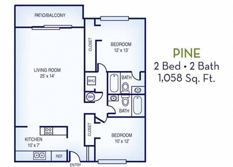 Floor plan for 2 beds, 2 baths, 1058 sqft