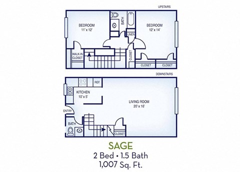 Floor plan for 2 beds, 1.5 baths, 1007 sqft