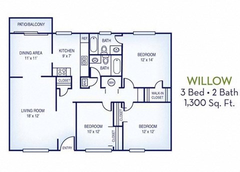 Floor plan for 3 beds, 2 baths, 1300 sqft