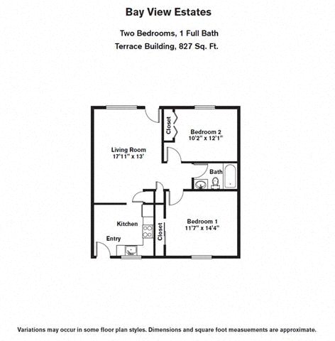 Floor plan for 2 beds, 1 bath, 1273 sqft