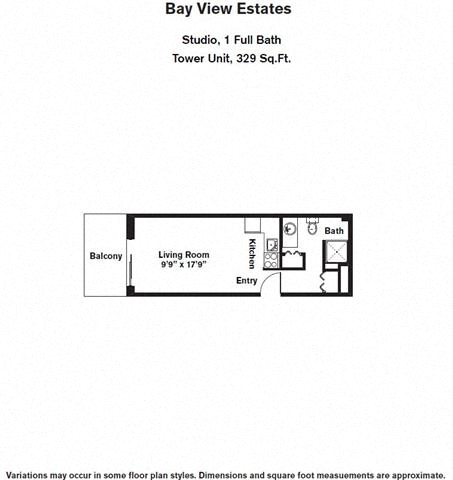 Floor plan for studio, 1 bath, 329 sqft