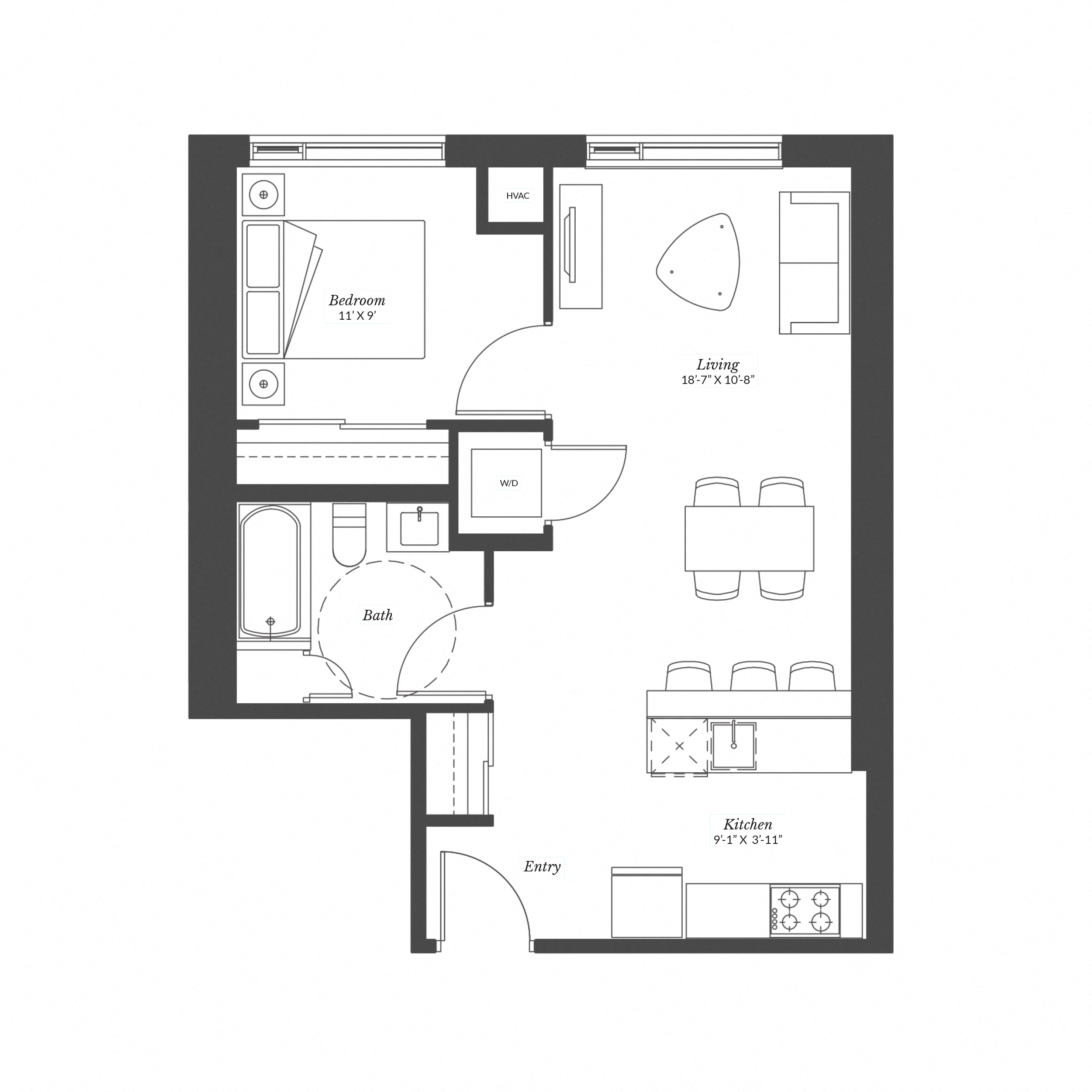 Floor plan for 1 bed, 1 bath, 630 sqft