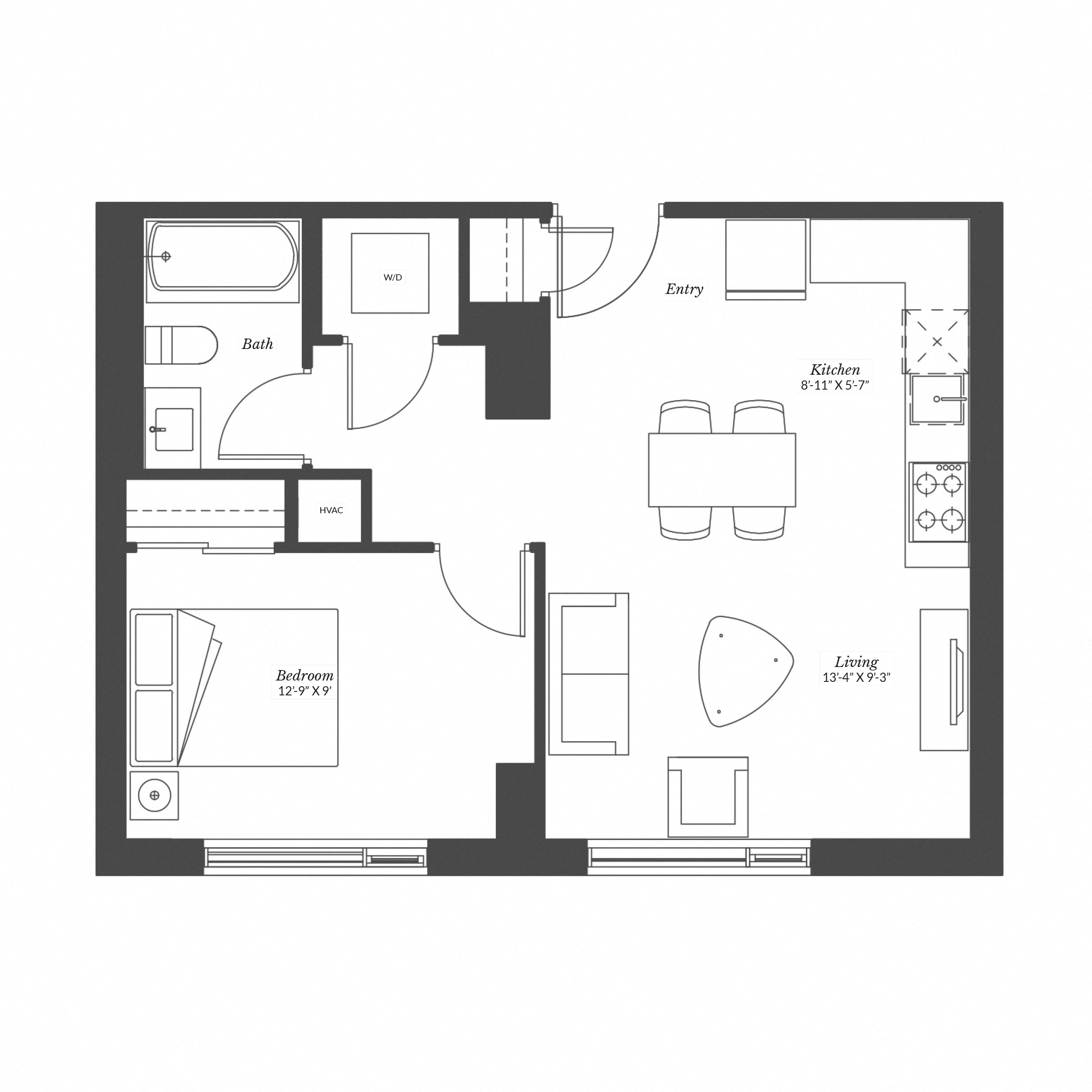 Floor plan for 1 bed, 1 bath, 580 sqft