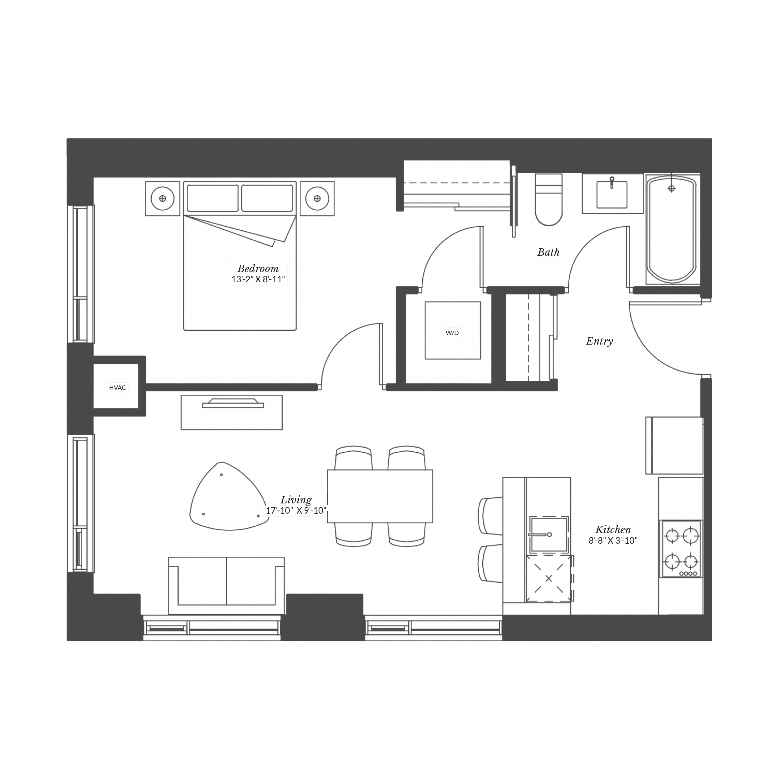 Floor plan for 1 bed, 1 bath, 607 sqft