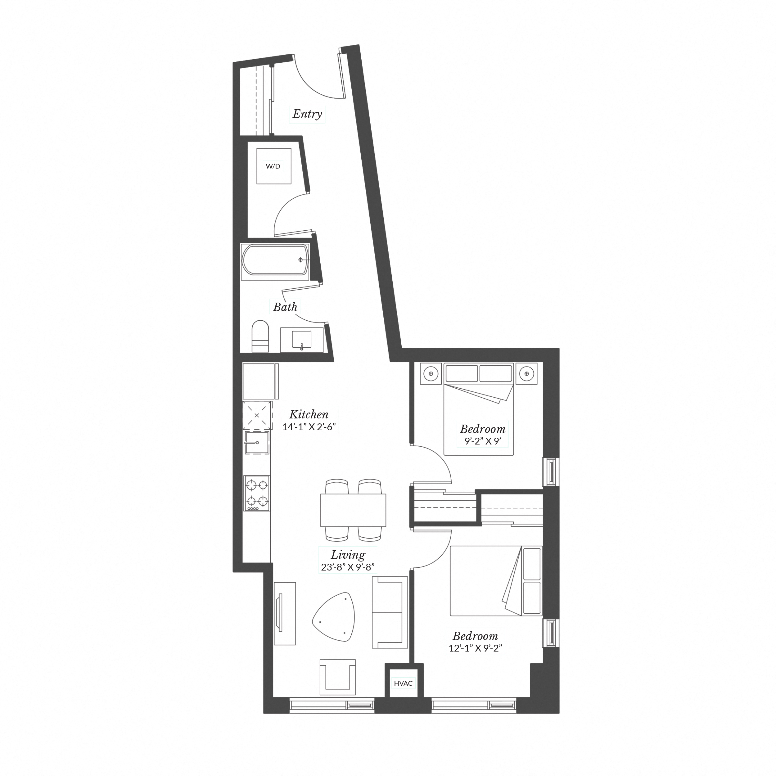 Floor plan for 2 beds, 1 bath, 770 sqft