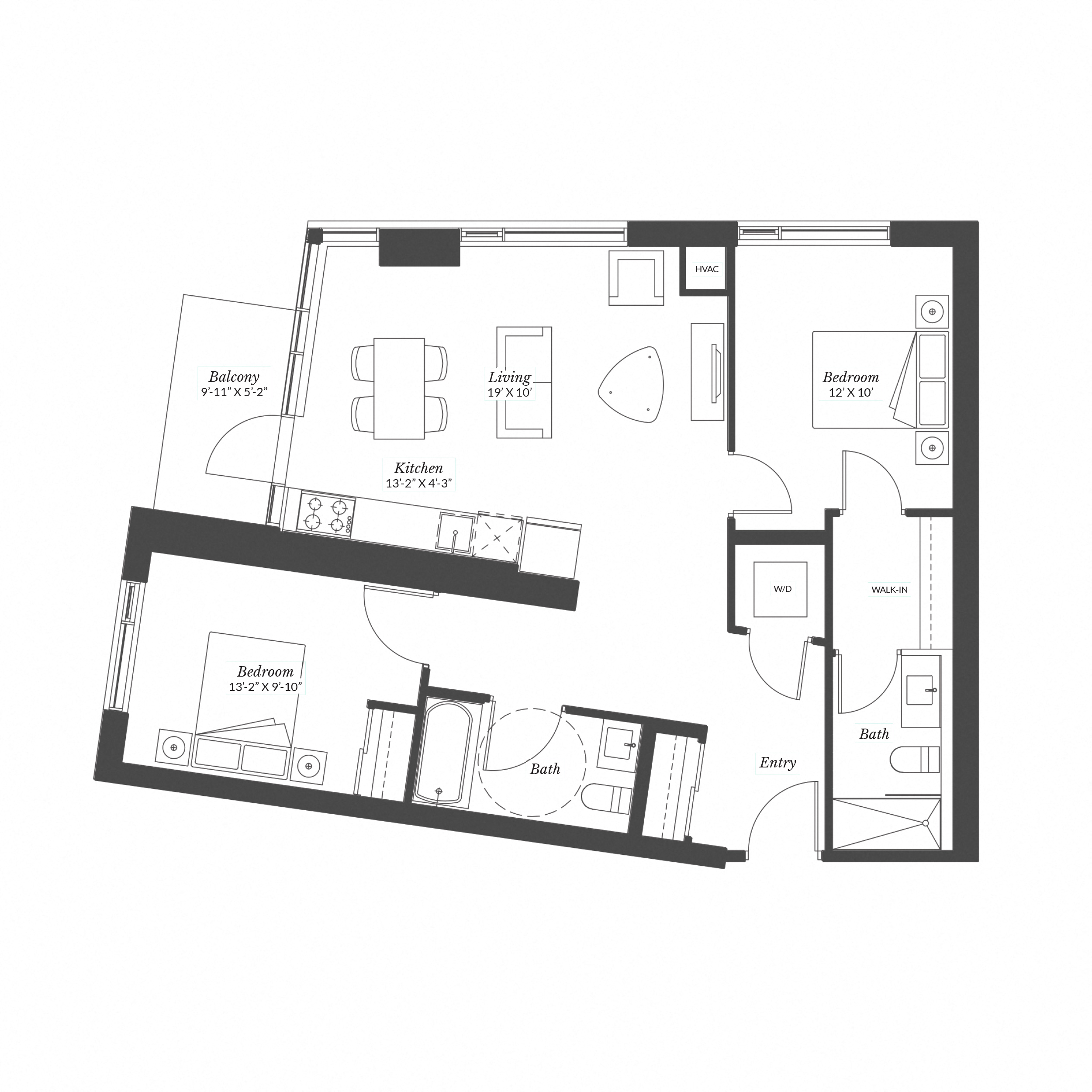 Floor plan for 2 beds, 2 baths, 975 sqft