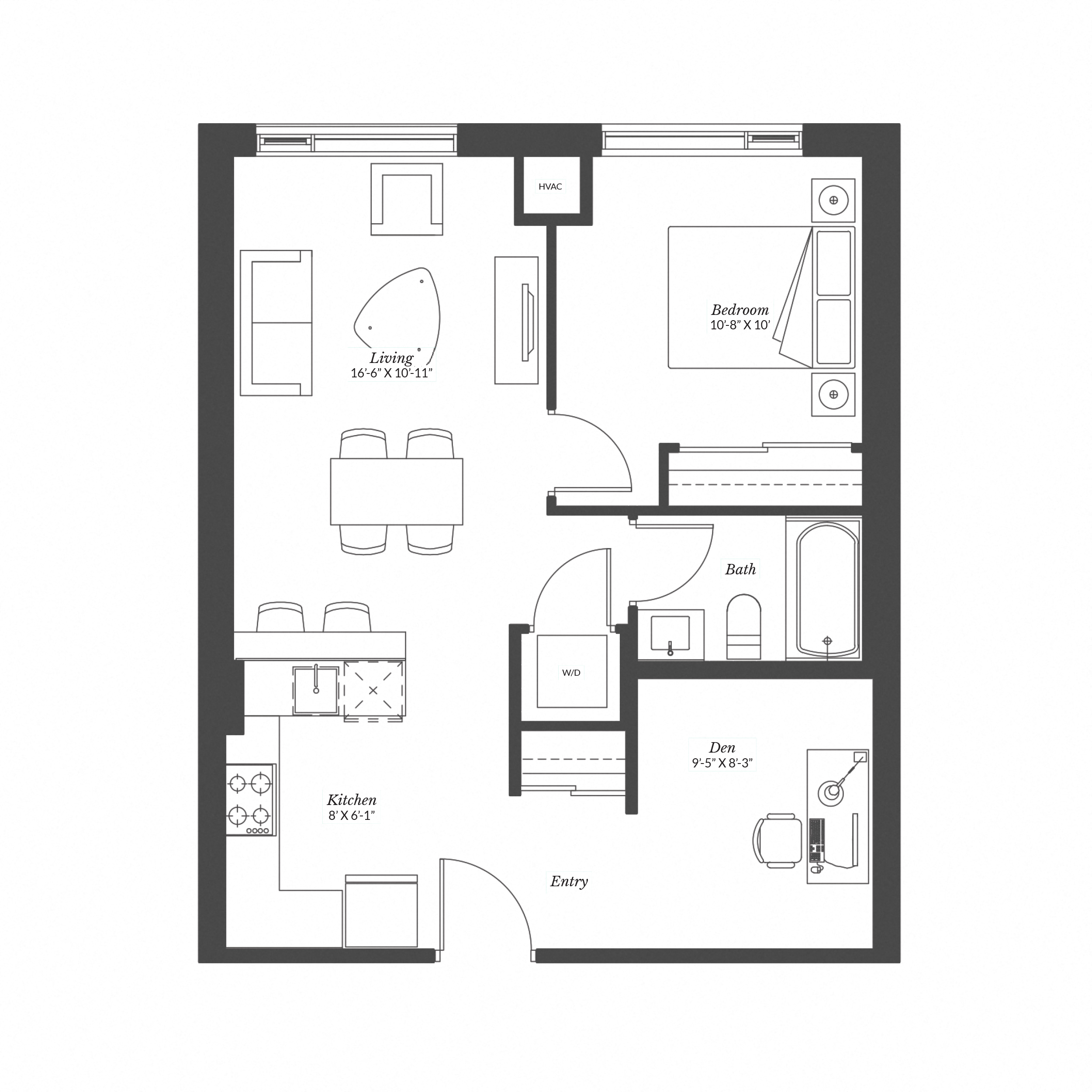 Floor plan for 1 bed, 1 bath, 688 sqft