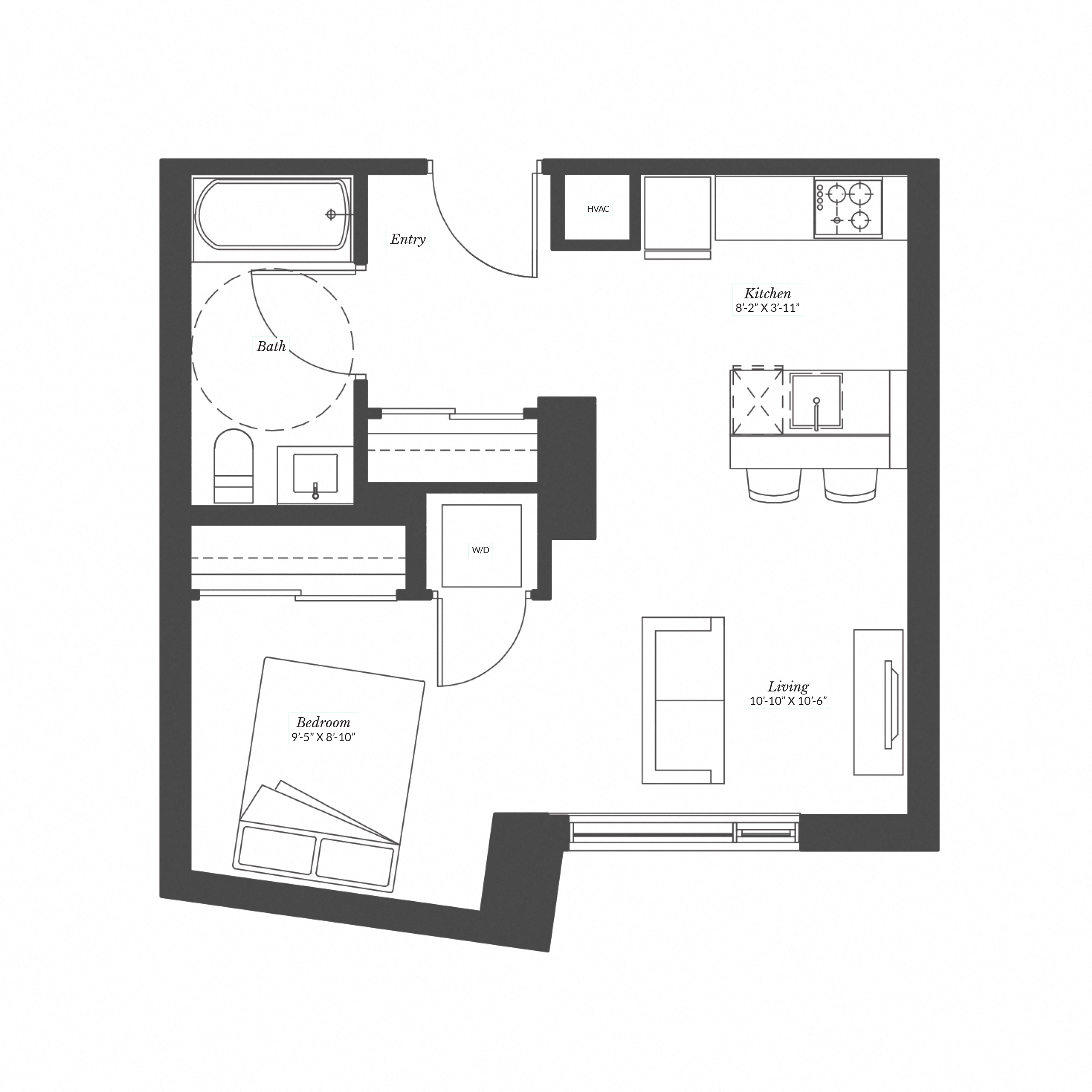 Floor plan for studio, 1 bath, 499 sqft