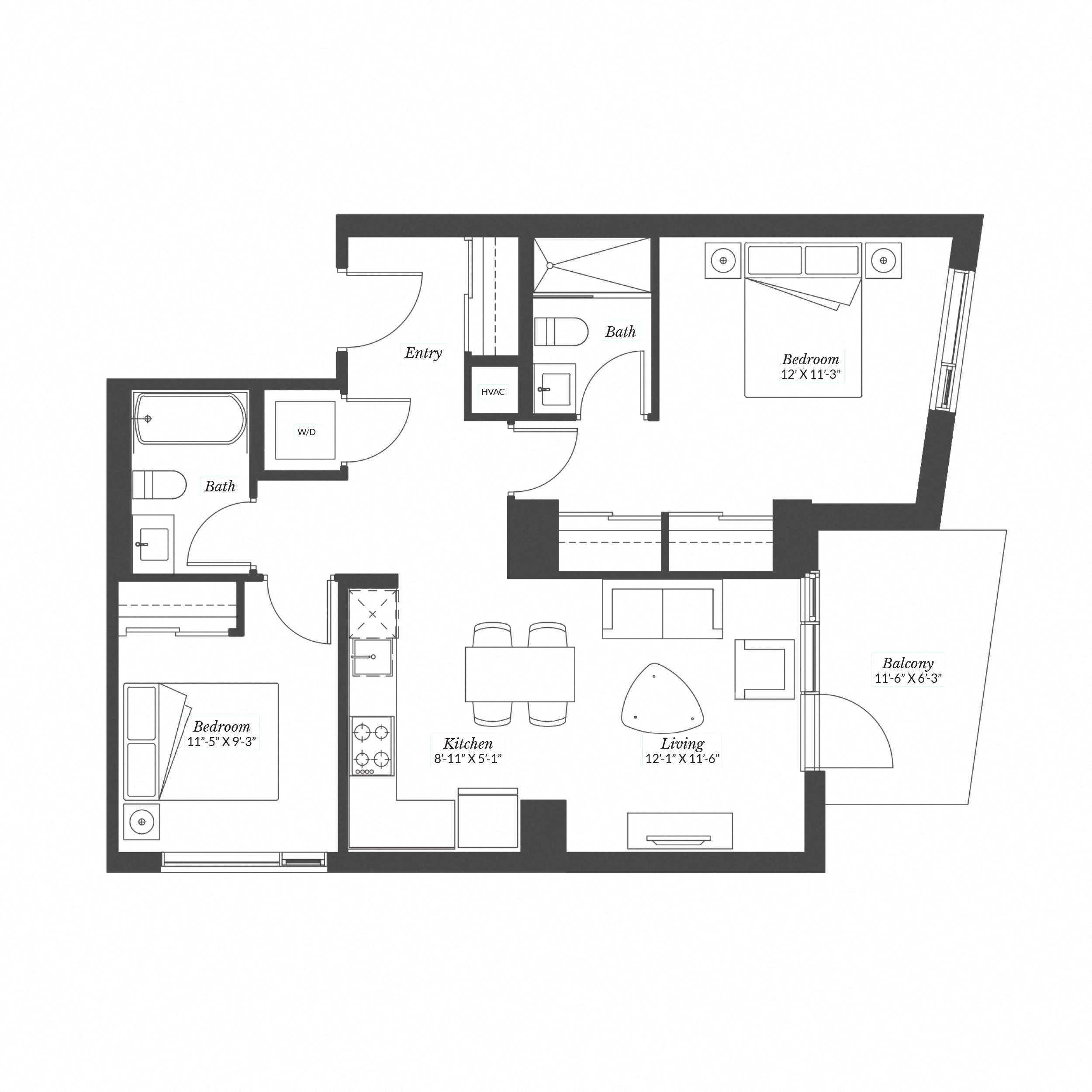 Floor plan for 2 beds, 2 baths, 856 sqft