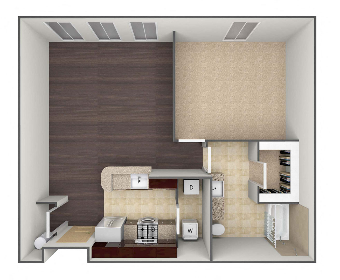 Floor plan for 1 bed, 1 bath, 777 sqft