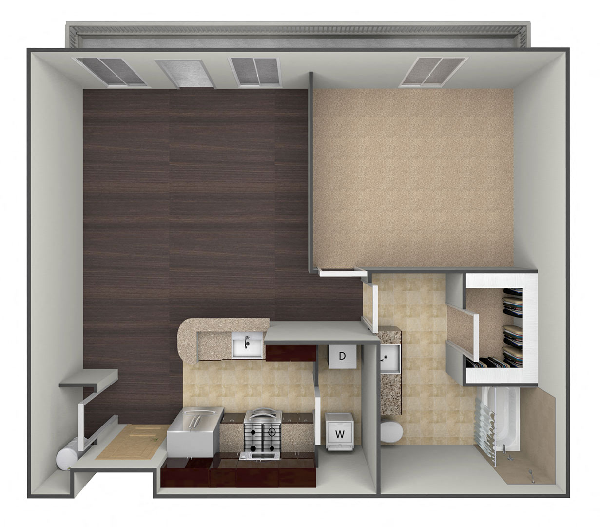 Floor plan for 1 bed, 1 bath, 777 sqft