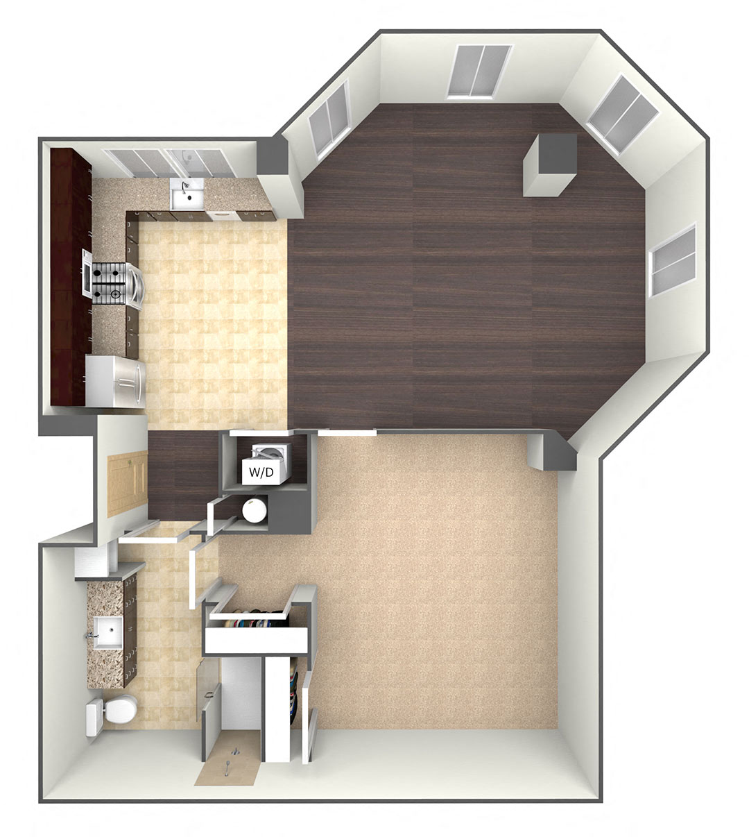 Floor plan for 1 bed, 1 bath, 864 sqft