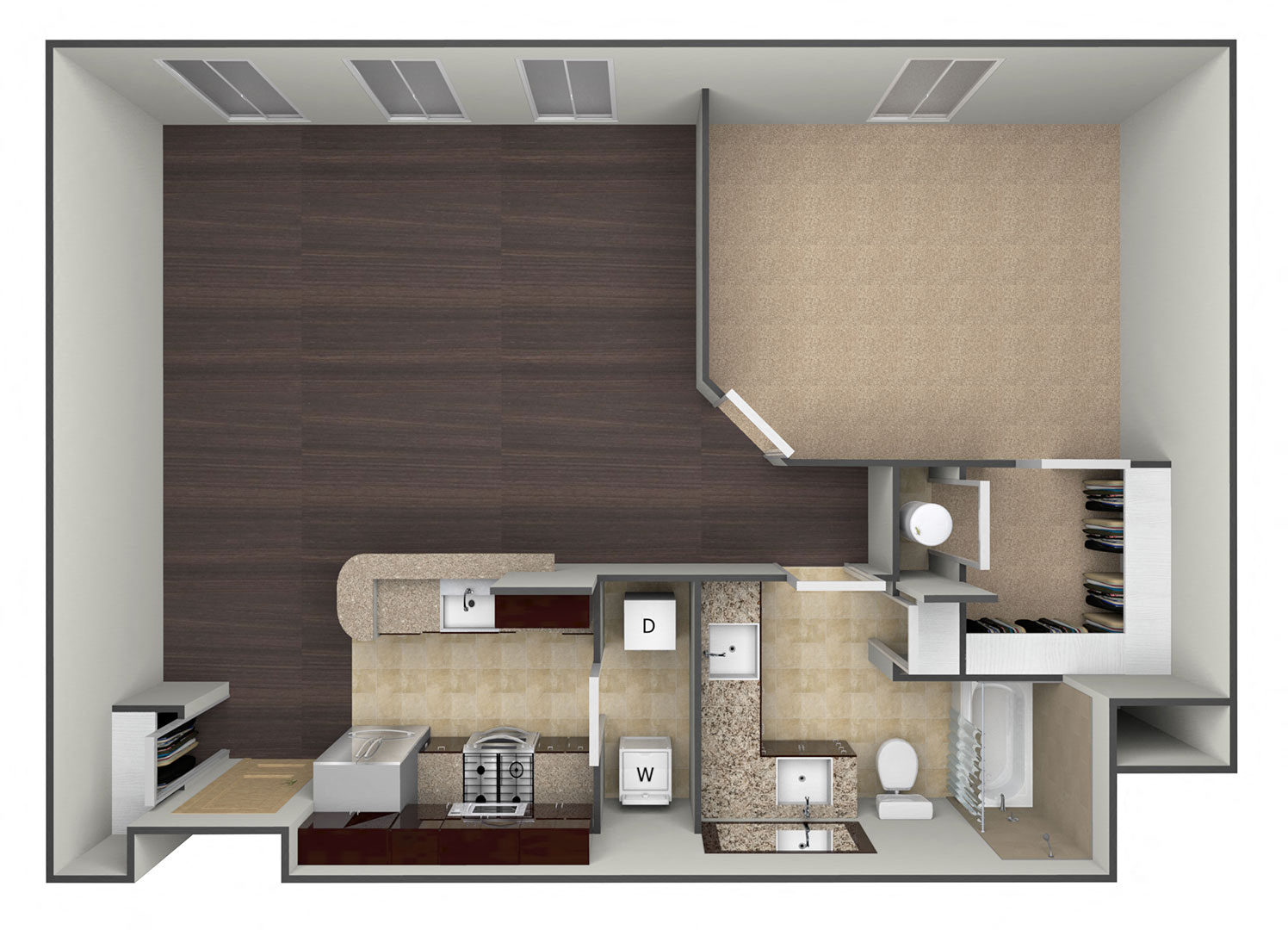 Floor plan for 1 bed, 1 bath, 894 sqft