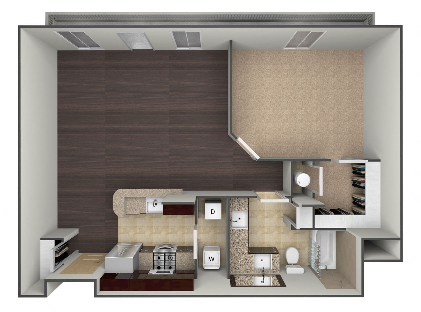 Floor plan for 1 bed, 1 bath, 894 sqft