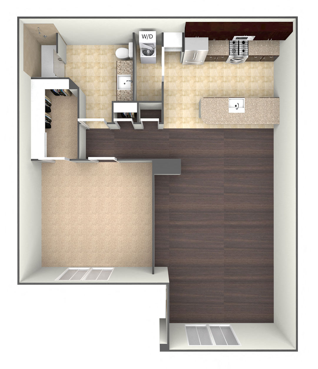 Floor plan for 1 bed, 1 bath, 959 sqft