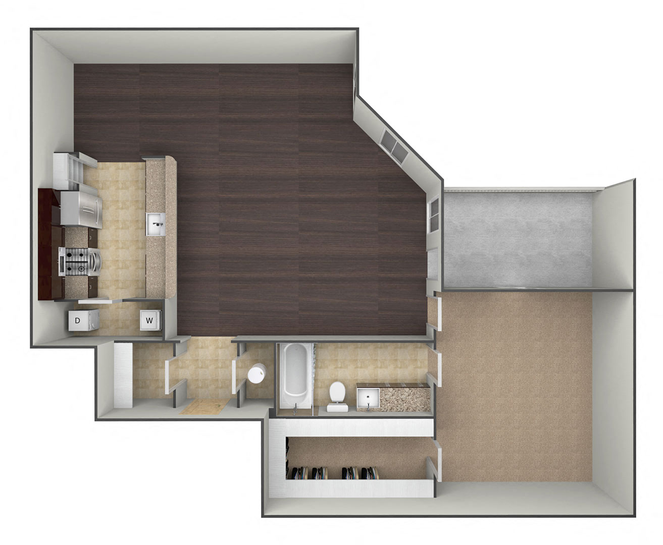 Floor plan for 1 bed, 1 bath, 1274 sqft