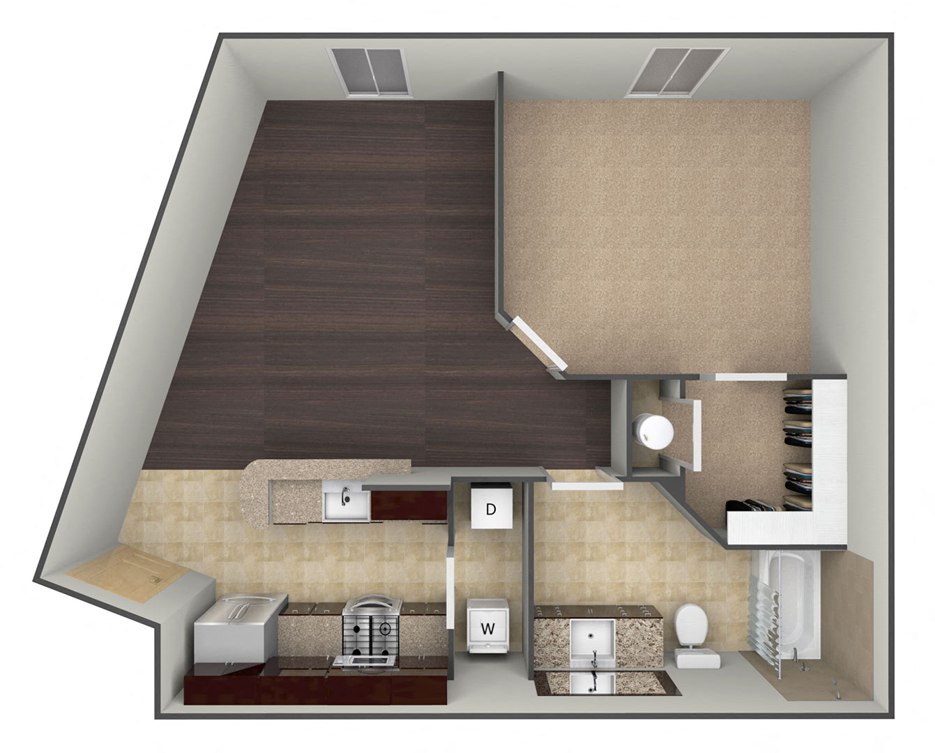 Floor plan for 1 bed, 1 bath, 735 sqft