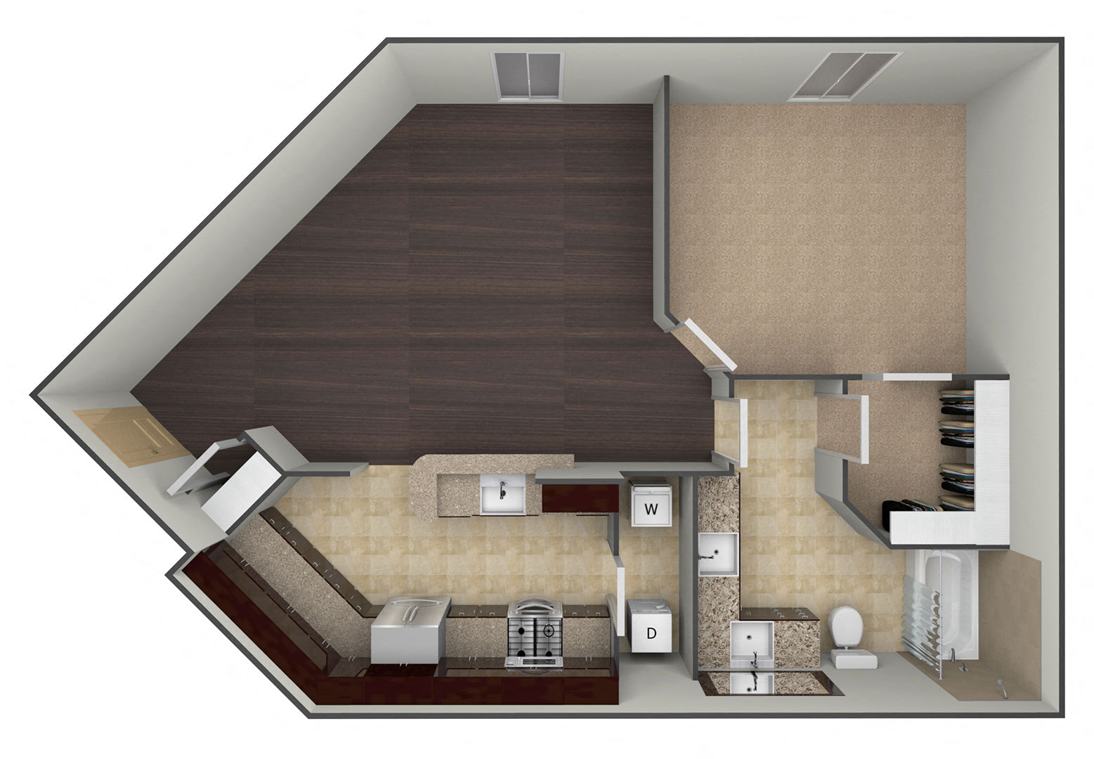 Floor plan for 1 bed, 1 bath, 835 sqft
