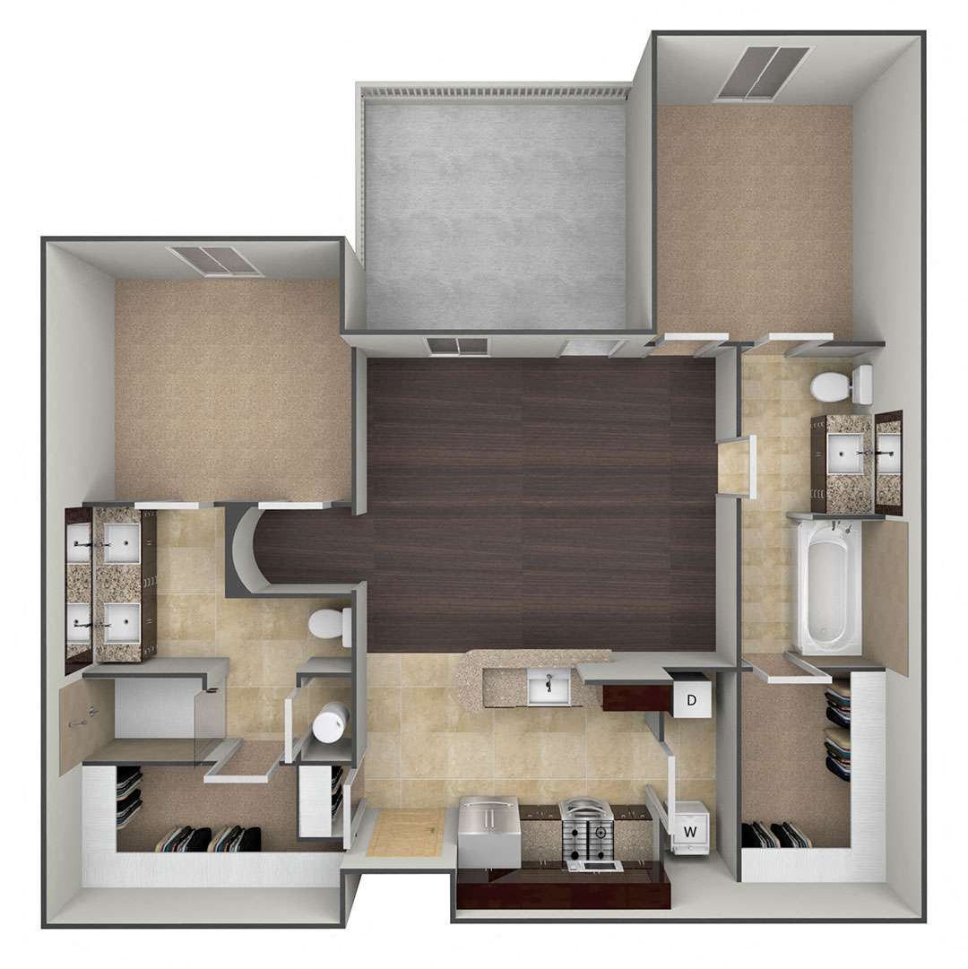 Floor plan for 2 beds, 2 baths, 1019 sqft
