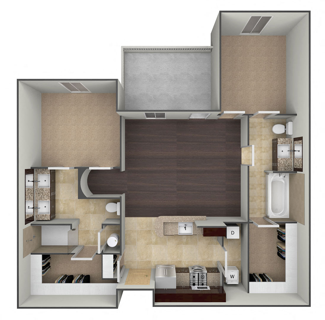 Floor plan for 2 beds, 2 baths, 1019 sqft