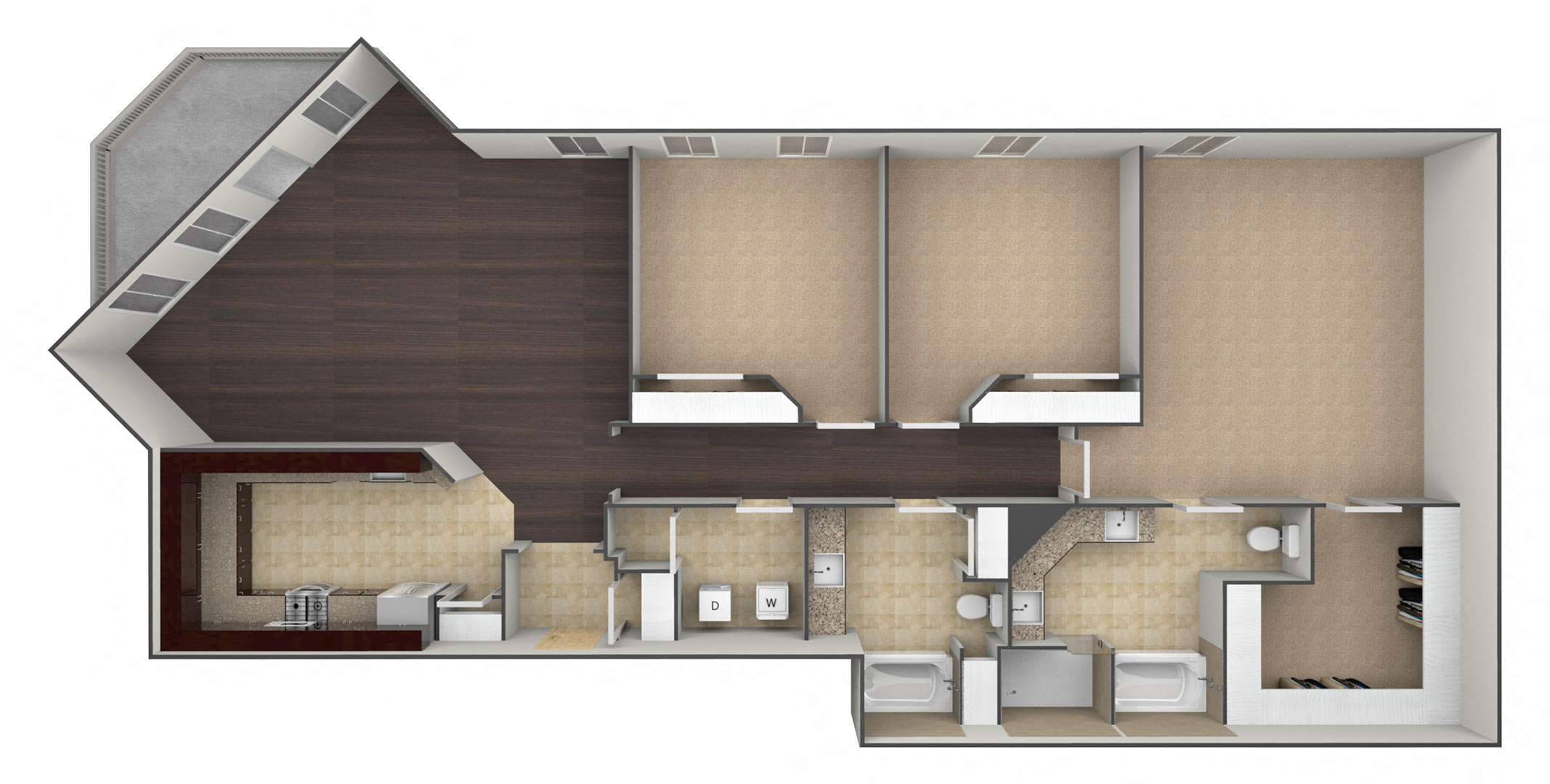 Floor plan for 3 beds, 2 baths, 1643 sqft