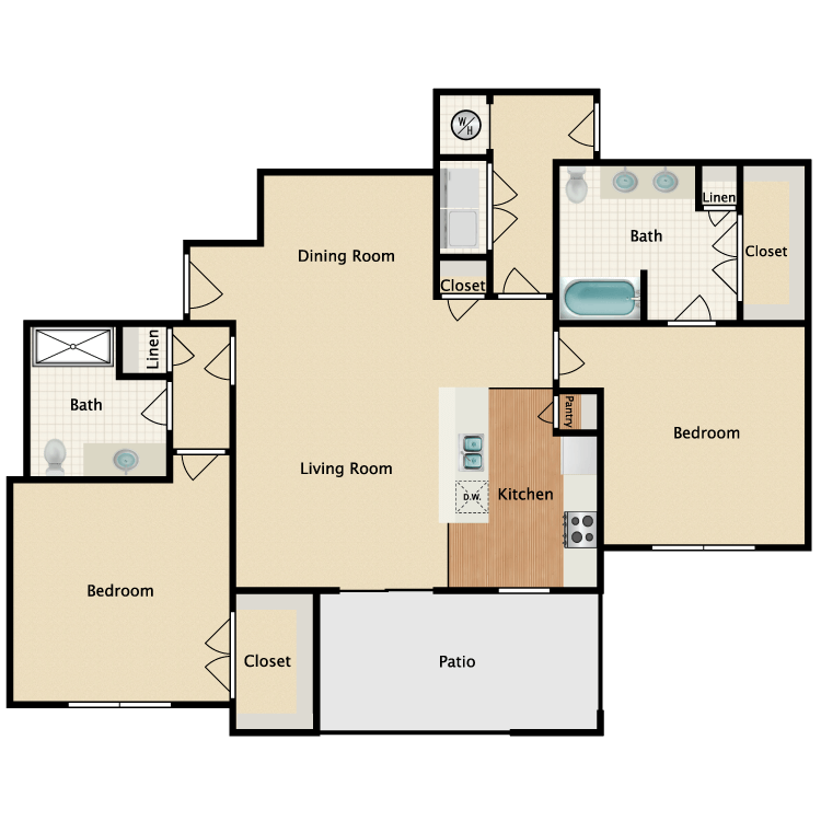 Floor plan for 2 beds, 2 baths, 1210 sqft