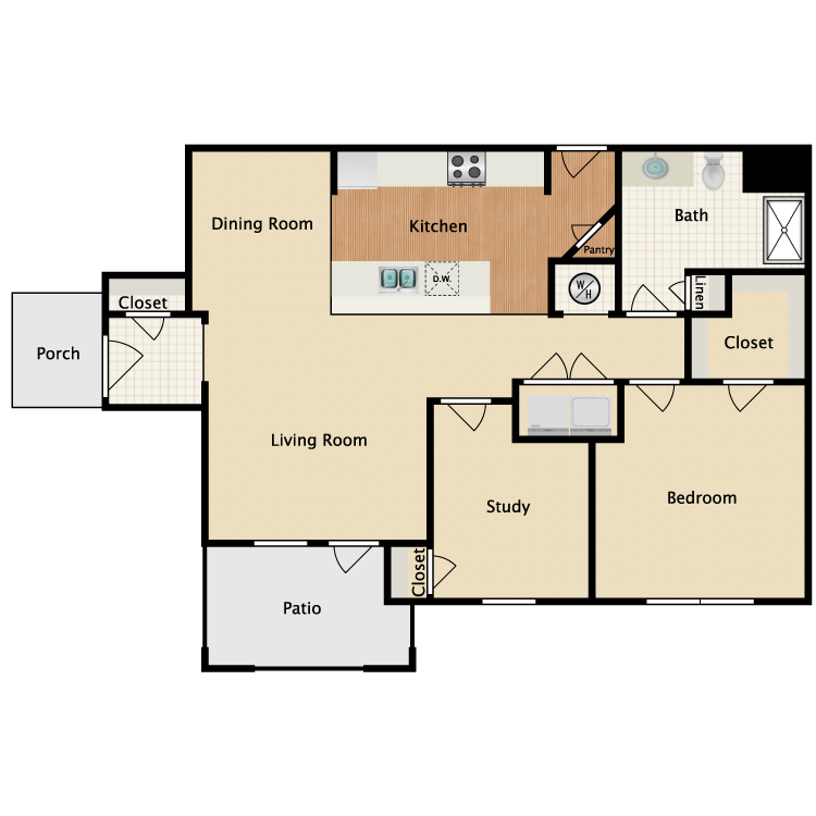 Floor plan for 1 bed, 1 bath, 948 sqft