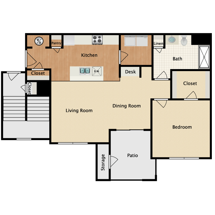 Floor plan for 1 bed, 1 bath, 841 sqft