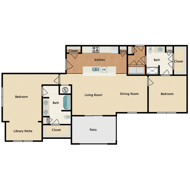 Floor plan for 2 beds, 2 baths, 1372 sqft
