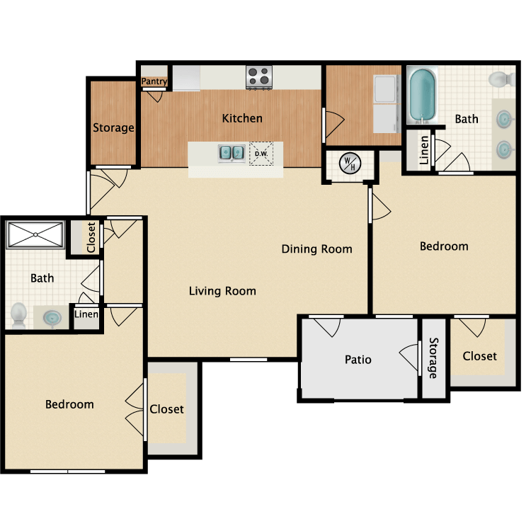 Floor plan for 2 beds, 2 baths, 1090 sqft