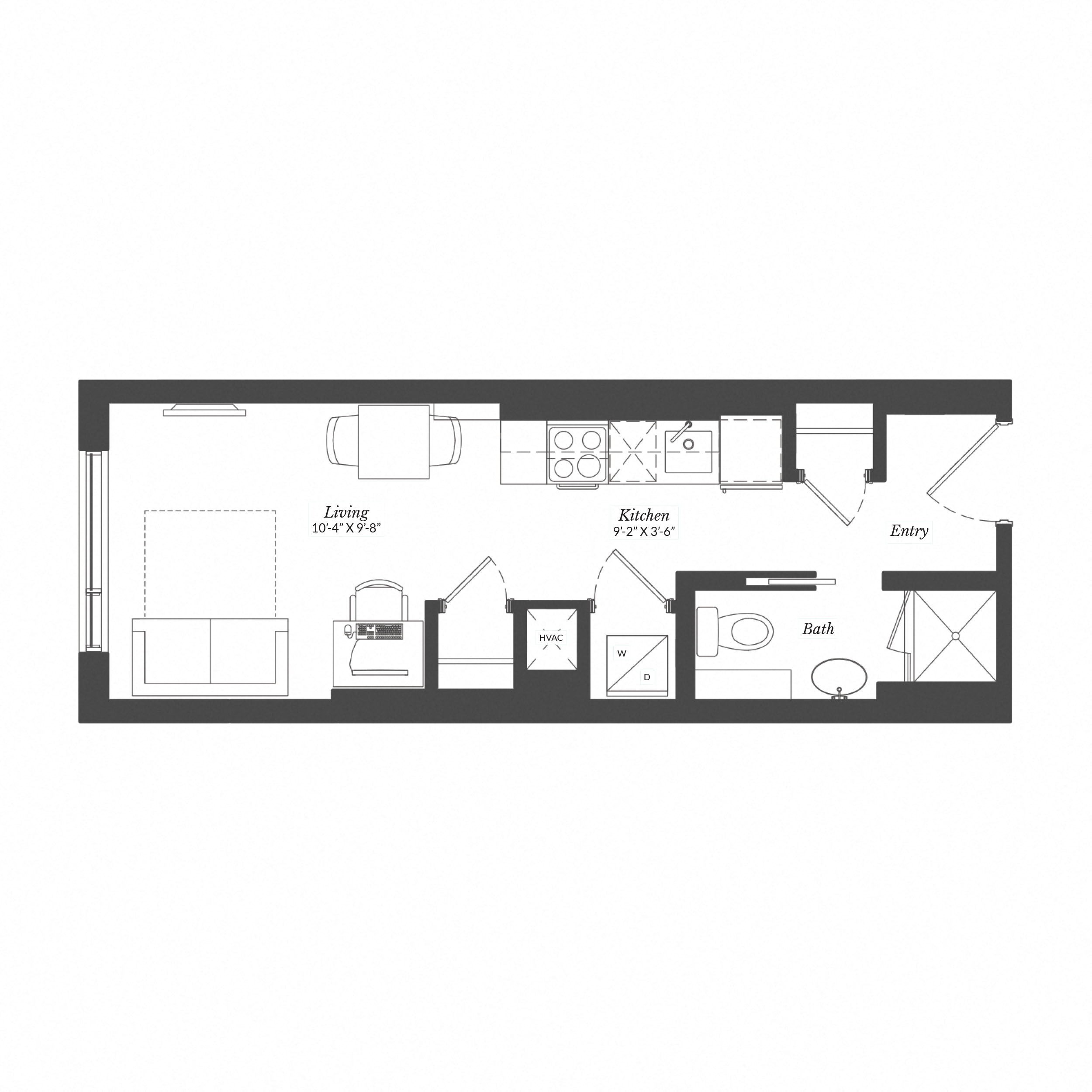 Floor plan for studio, 1 bath, 318 sqft