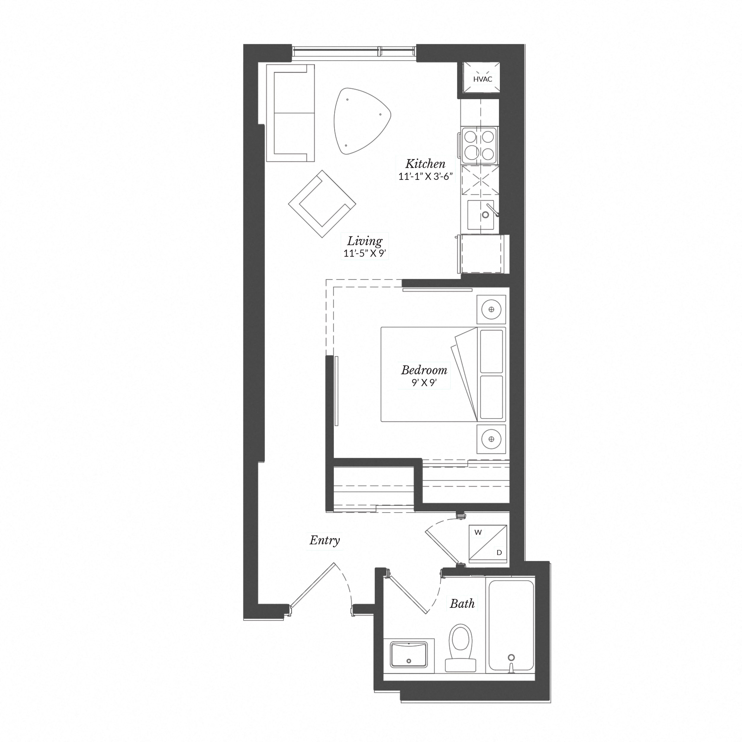 Floor plan for studio, 1 bath, 455 sqft