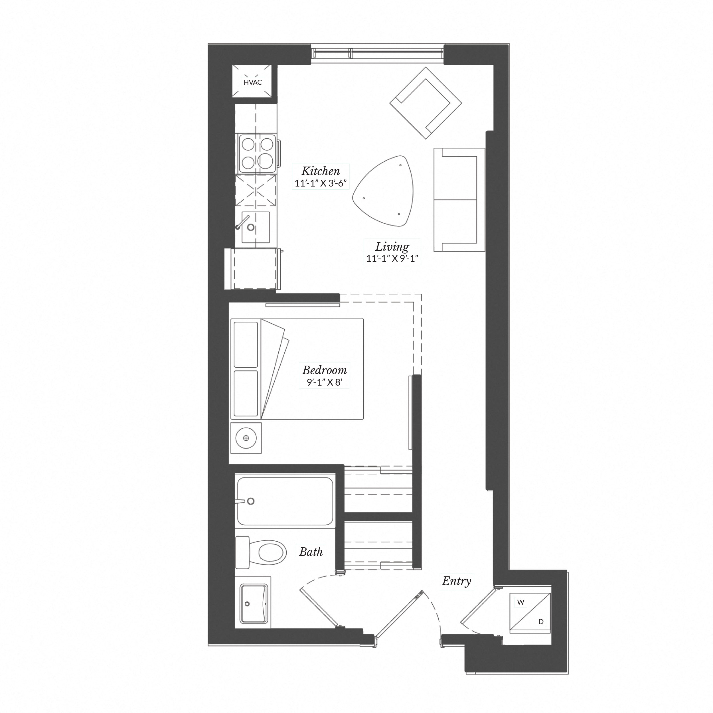 Floor plan for studio, 1 bath, 433 sqft