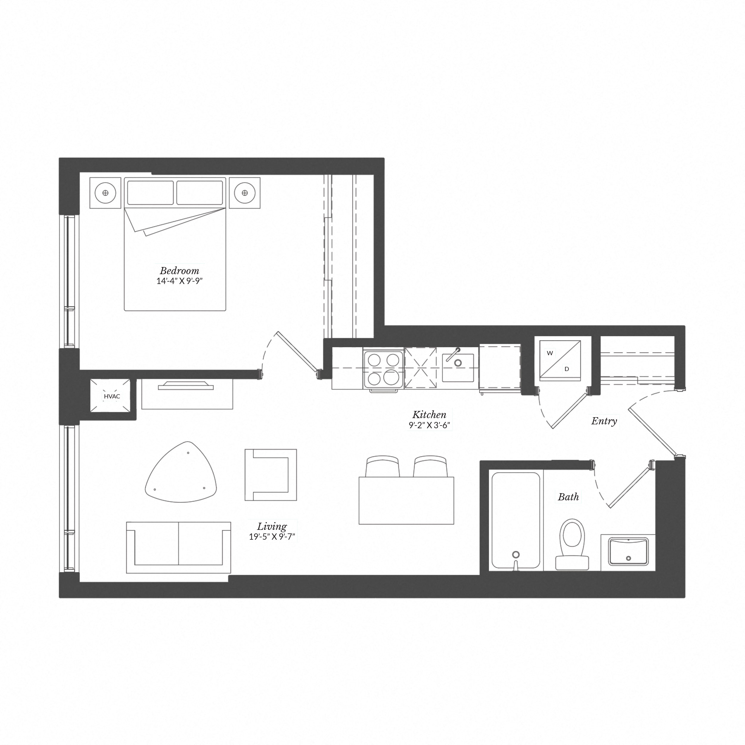Floor plan for 1 bed, 1 bath, 506 sqft