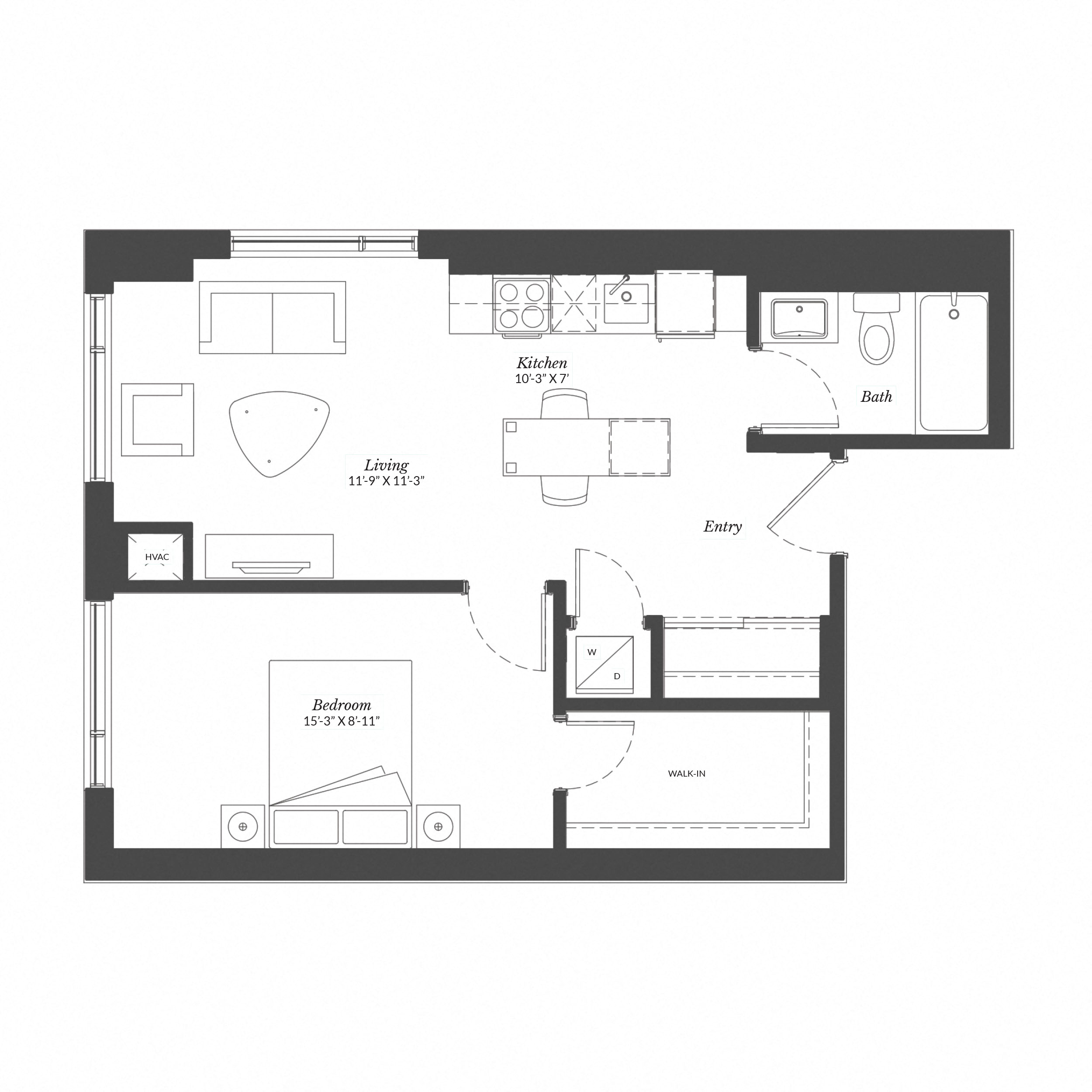Floor plan for 1 bed, 1 bath, 626 sqft
