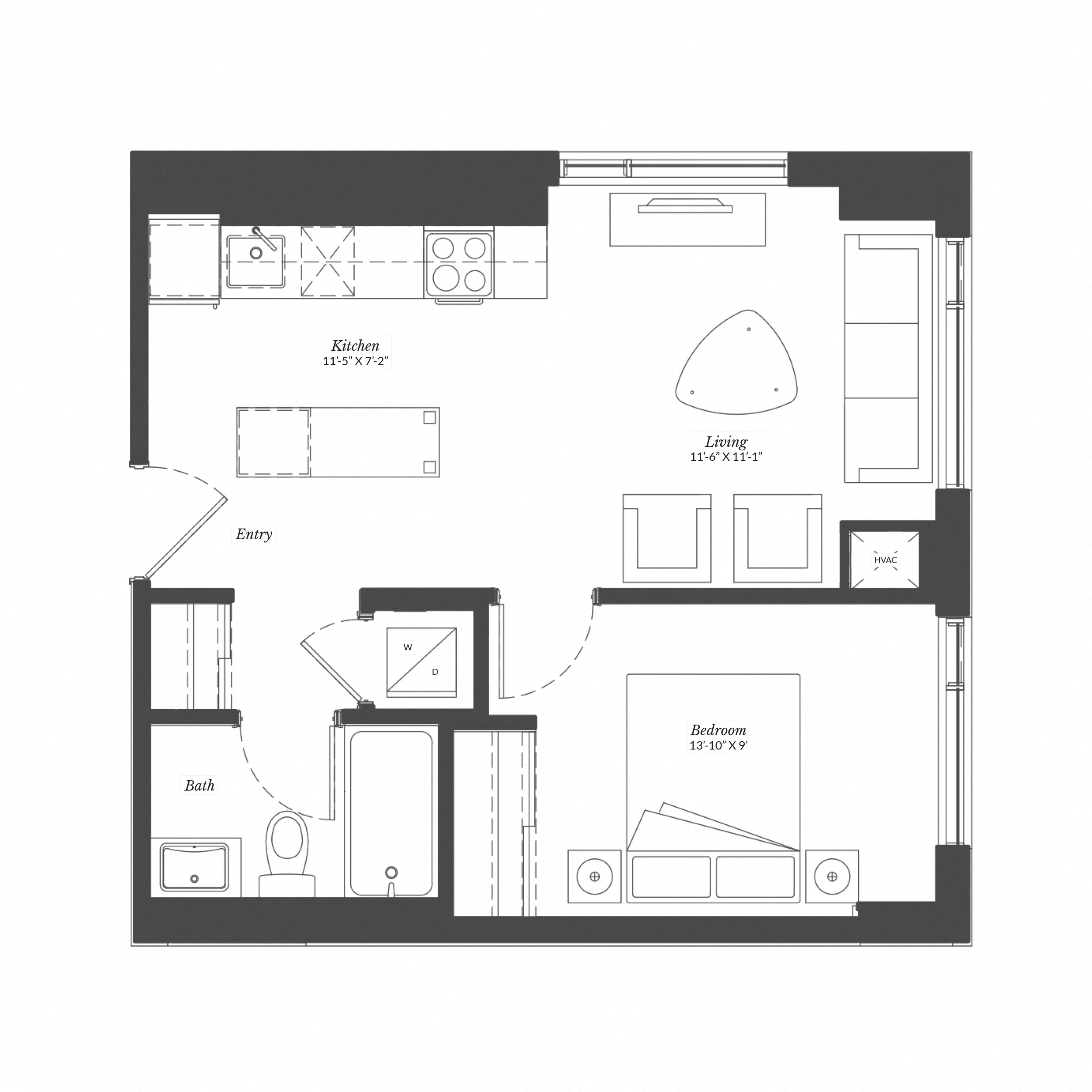 Floor plan for 1 bed, 1 bath, 531 sqft