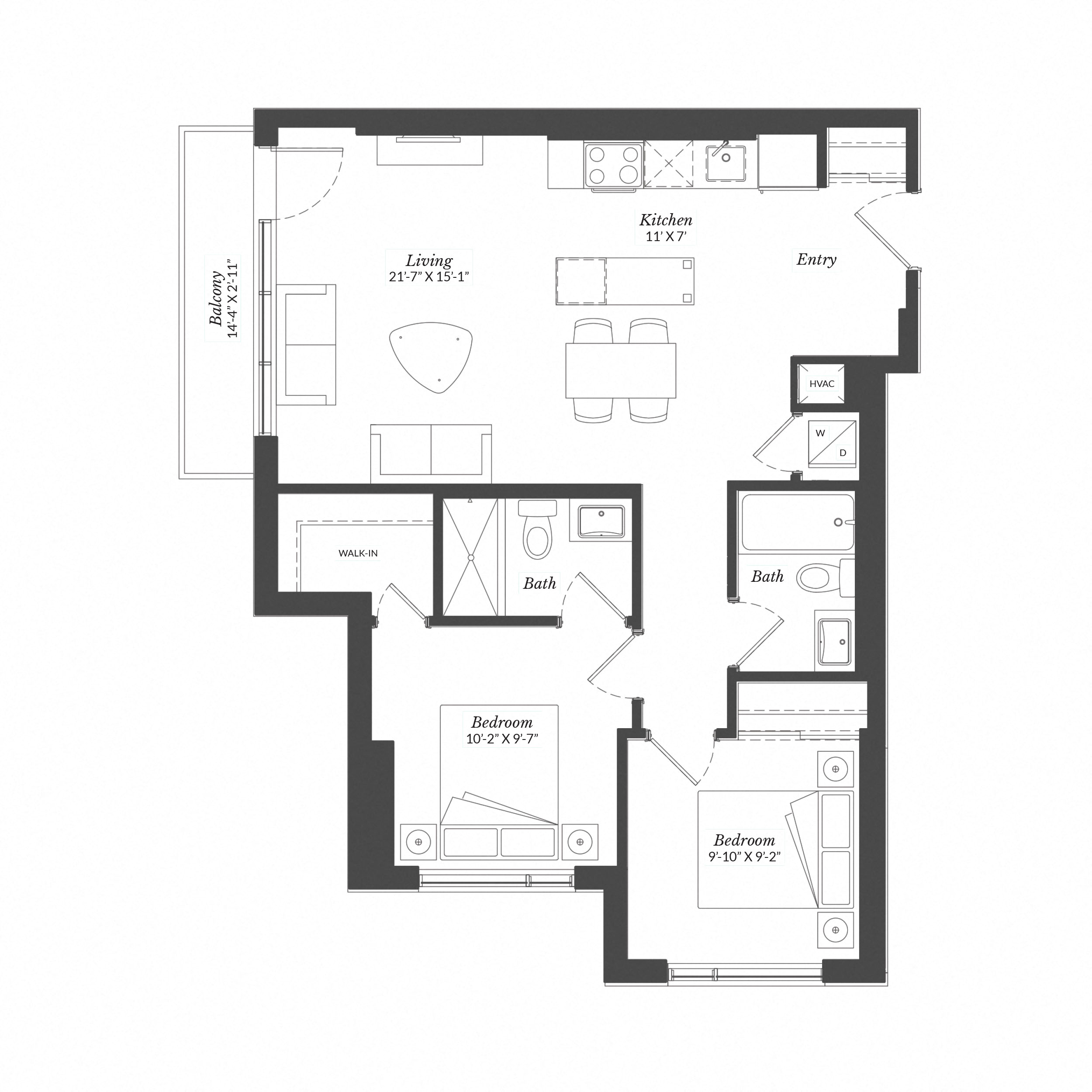 Floor plan for 2 beds, 2 baths, 867 sqft