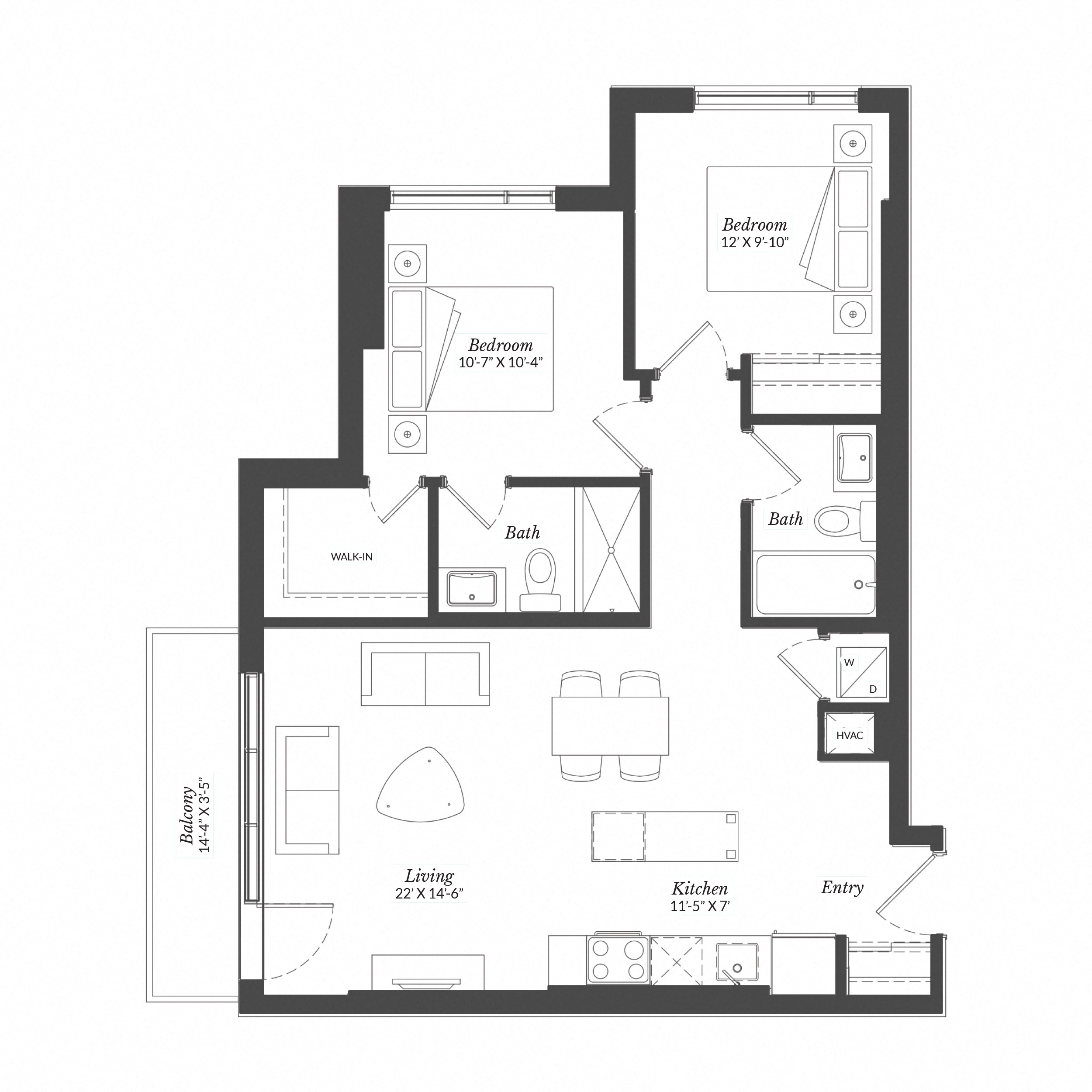 Floor plan for 2 beds, 2 baths, 864 sqft